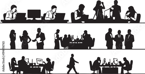 Corporate Office Silhouettes: Large Collection of Business People Working and Talking
