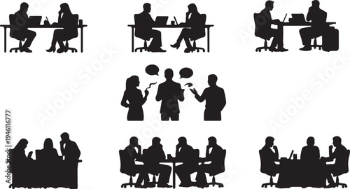 Corporate Office Silhouettes: Large Collection of Business People Working and Talking
