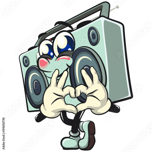 cute retro boombox radio mascot character is giving a sign of love with finger, isolated vector illustration, work of hand drawn
