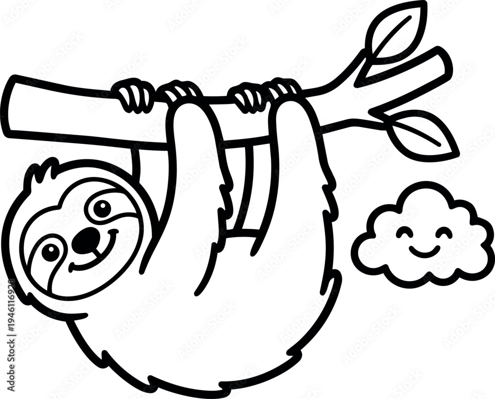 Obraz premium Cute smiling sloth hanging from tree branch with leaves and happy cloud cartoon vector art