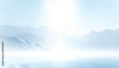 Ethereal misty mountain landscape shines with bright, intense heavenly light