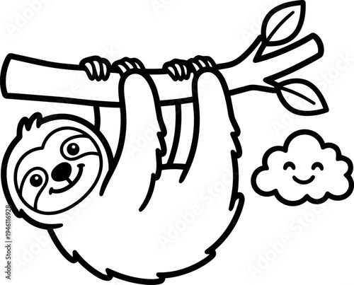Cute smiling sloth hanging from tree branch with leaves and happy cloud cartoon vector art