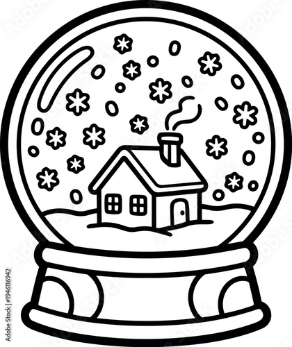 Minimalist black and white line art snow globe with house chimney smoke and falling snowflakes vector illustration