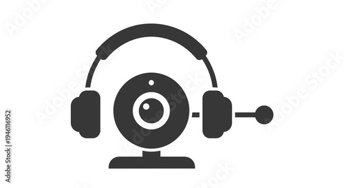Webcam with Headphones Icon Vector Illustration, Communication Technology Graphic, Online Meeting and Streaming Symbol