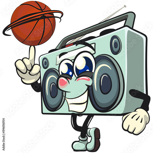 cute retro boombox radio mascot character spin the basketball with the index finger, isolated vector illustration, work of hand drawn