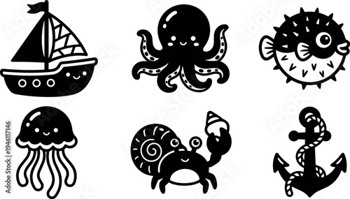 Cute black and white vector cartoon boat octopus pufferfish jellyfish hermit crab and anchor with smiling faces isolated on white