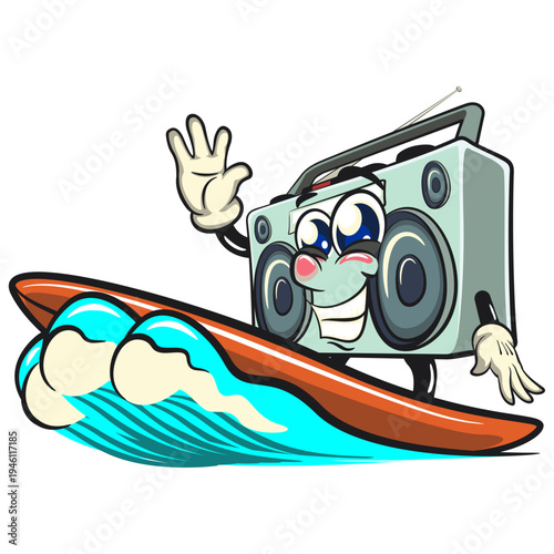 cute retro boombox radio mascot character surfing riding the waves, isolated vector illustration, work of hand drawn
