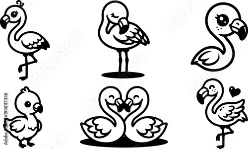Cute black and white line art flamingo illustrations set including baby bird hearts and loving couple standing and posing in vector design