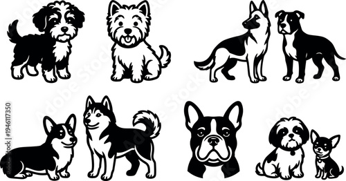 Black and white vector art of various dog breeds including terrier corgi husky bulldog and chihuahua in sitting standing poses