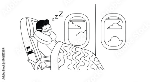 Vector illustration of a sleeping man on an airplane