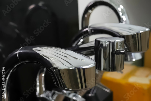 Ready made water faucets and faucets on the store counter.