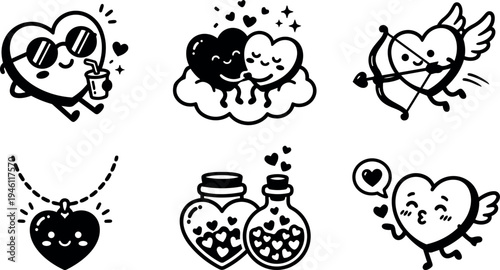 Cute black vector hearts with sunglasses drinking love potion kissing on cloud with wings holding bow and arrow cupid style