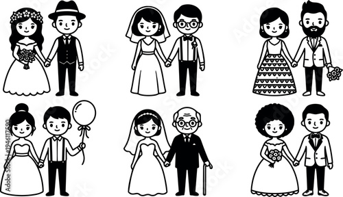 Flat design diverse couples holding hands wedding bride groom bouquet balloon smiling vector art black and white illustration