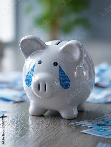 White piggy bank with painted blue tears surrounded by scattered currency notes symbolizing financial stress or money worries in a soft indoor setting