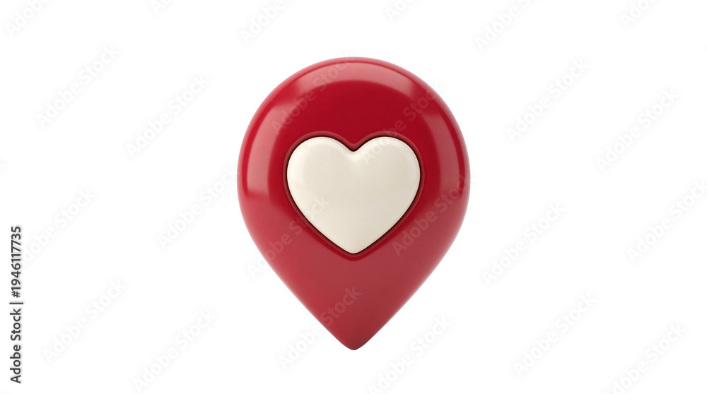 Fototapeta premium Glossy red 3D map pin icon with a white heart symbol, isolated, perfect for favorite locations, love, romantic travel, or social media PNG