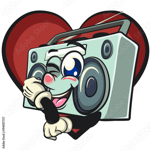 cute retro boombox radio mascot character smiling posing in front of a big hear, isolated vector illustration, work of hand drawn
