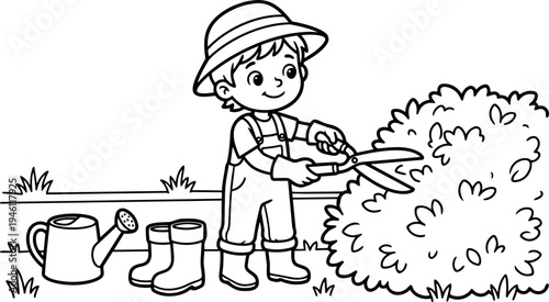 Black and white line art boy wearing hat trimming bush with garden shears watering can and boots outdoors