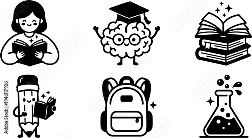 Cute black and white vector icons of smiling girl reading book brain wearing graduation cap happy pencil reading book sparkling backpack and bubbling flask