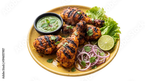 Fotografie Delicious grilled Tandoori chicken drumsticks with fresh mint chutney, red onion