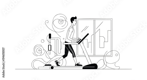 Vector illustration of a businessman running on a treadmill with office background