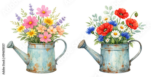 A watercolor illustration of a watering can with wildflowers for cottage garden decor, farmhouse floral designs, spring invitations, and botanical illustrations.