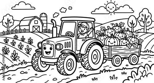 Black and white vector art of happy boy driving tractor with smiling pumpkins in trailer on sunny farm landscape with barn and trees