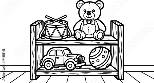 Black and white line art illustration of wooden shelf with teddy bear drum toy car and ball indoor scene simple clean design