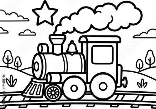 Black and white line art steam train locomotive with smoke clouds and star above tracks in countryside landscape