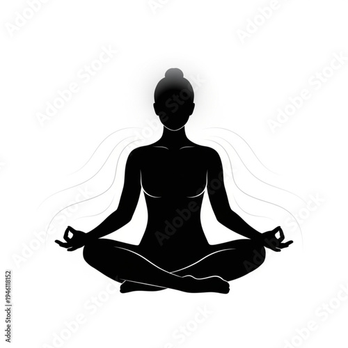 Black silhouette of a woman meditating in lotus position with a serene and peaceful atmosphere
