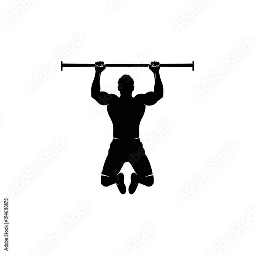 A silhouette of a man performing a pullup exercise on a bar in a gym setting with athletic equipment around