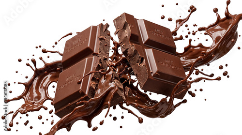Foto Delicious milk chocolate bar breaking into pieces with dynamic splashes and drop