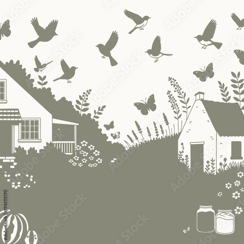 Whimsical illustration of a charming countryside scene with birds and butterflies fluttering around houses and gardens