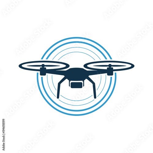 A clean, minimalist graphic of a drone with blue concentric circles