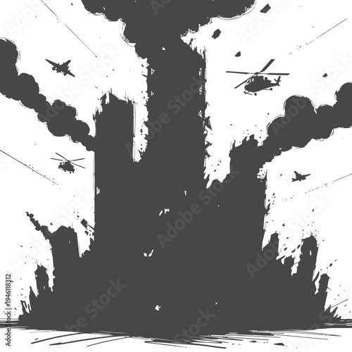 Silhouetted graphic depicts destruction and aerial combat over a city, showcasing military aircraft and explosions in a stark, high-contrast style