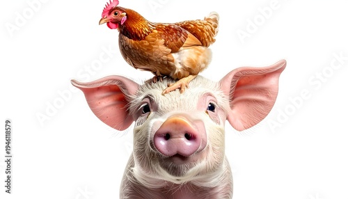 A Chicken Perched Atop a Pigs Head - A Whimsical Portrait.