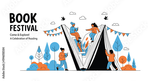 Vector illustration of book festival with people reading