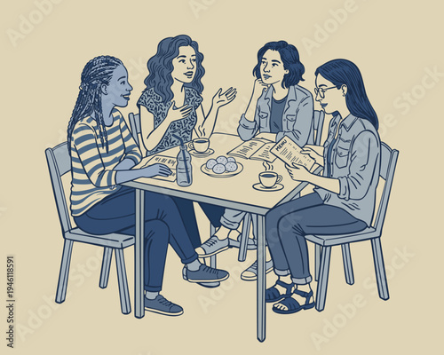 Four young women sitting at table in café and talking. Vector isolated illustration in blue color