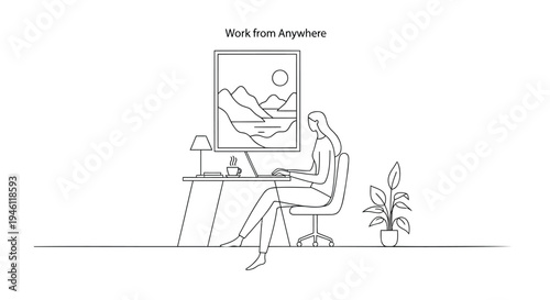 Line drawing of woman working on laptop at desk with plant, Work from Anywhere