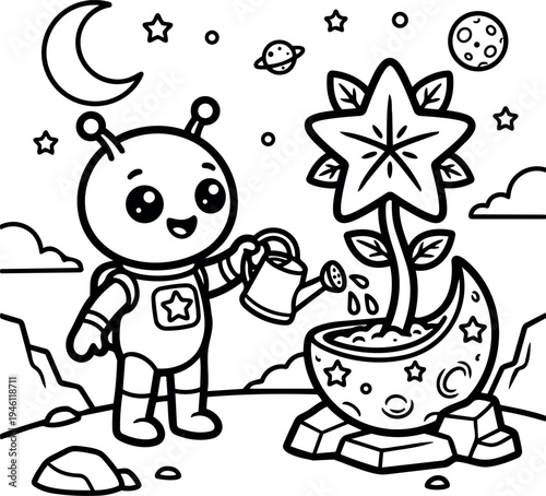Cute astronaut character watering star shaped flower growing on crescent moon pot on alien landscape nighttime sky
