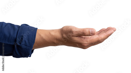 Tableau sur toile Male hand with blue shirt sleeve, palm up in a gesture of offering or receiving,