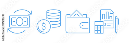 Finance and payment patterns and shapes set, line art including wallet, money transfer, banking document design elements, accounting report flat vector illustration isolated on white background.