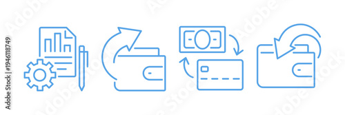 Finance and payment patterns and shapes set, line art including wallet, money transfer, banking document design elements, accounting report flat vector illustration isolated on white background.