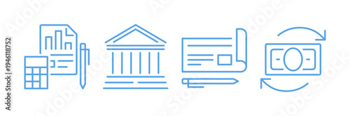 Finance and payment patterns and shapes set, line art including wallet, money transfer, banking document design elements, accounting report flat vector illustration isolated on white background.