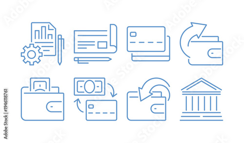 Set of finance and payment of various types isolated on white background, including wallet, money transfer, credit card, accounting report and financial transaction monochrome vector illustration.