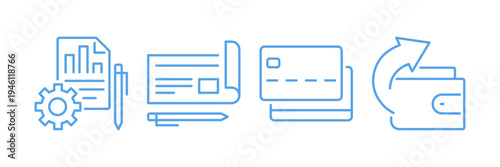 Finance and payment patterns and shapes set, line art including wallet, money transfer, banking document design elements, accounting report flat vector illustration isolated on white background.