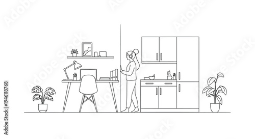Vector illustration of a woman working from home office