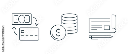 Minimal finance and payment line icon set including wallet, money transfer, credit card, banking document, invoice, accounting report and financial transaction symbols linear flat vector illustration.