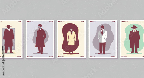 Five businessmen in different poses and outfits on gray background with colorful abstract shapes