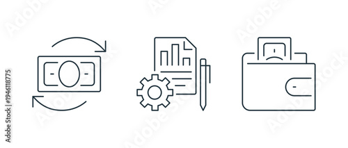 Minimal finance and payment line icon set including wallet, money transfer, credit card, banking document, invoice, accounting report and financial transaction symbols linear flat vector illustration.