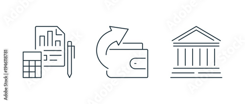 Minimal finance and payment line icon set including wallet, money transfer, credit card, banking document, invoice, accounting report and financial transaction symbols linear flat vector illustration.